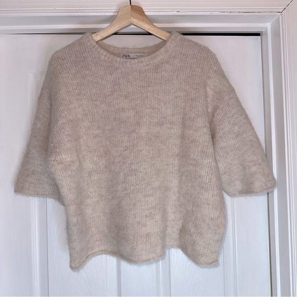 Zara Tops - 🟣4/$20 Zara Alpaca Wool Blend Crewneck Sweater Crop Short Sleeve M Cream